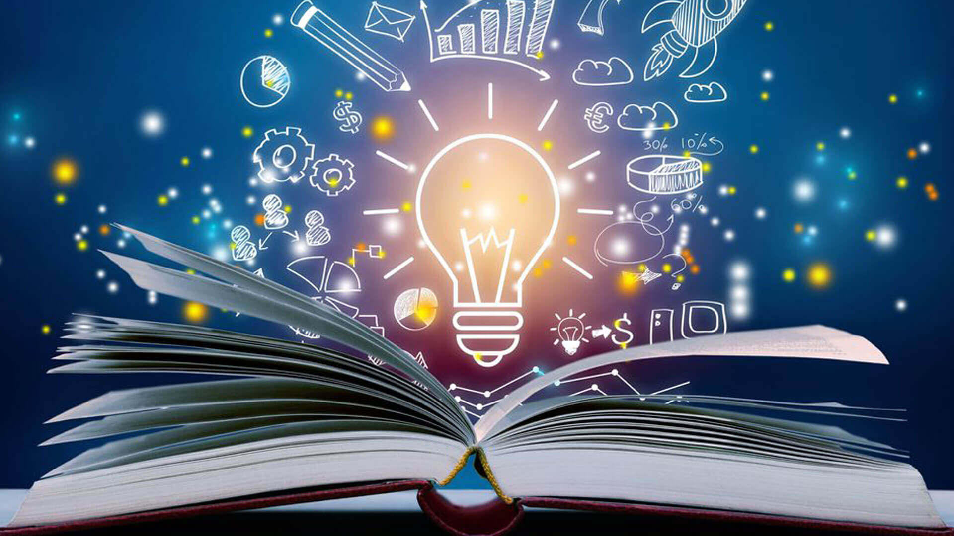 open book with lit lightbulb hovering over it to represent knowledge