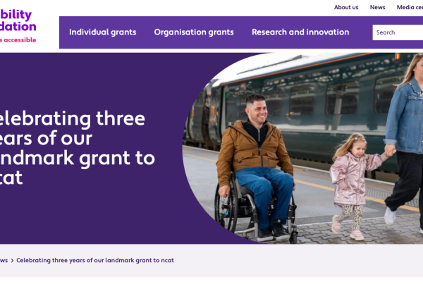 Screenshot image of a news page on the Motability foundation website, celebrating three years of the landmark grant to end up.
