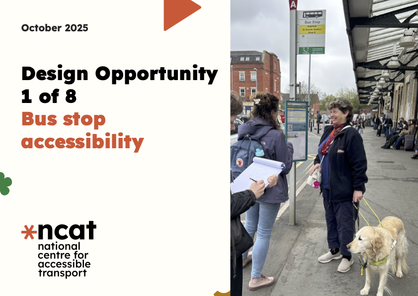 Screen shot of a slide with the title Design Opportunity 1 of 8 - Bus Stop Accessibility - and a picture of a woman standing next to an assistance dog in front of two other women holding clipboards, all at a bus stop