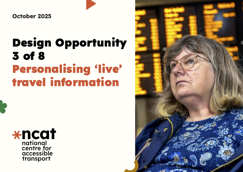 Screenshot of a slide with the text ncat Design opportunity 3 of 8 - Personalising ‘live’ travel information alongside a seated woman with a flower top wearing glasses in front of a train announcement display board