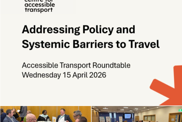 NI Event poster reading 'Addressing Policy and Systemic Barriers to Travel' Accessible Transport Roundtable Wednesday 15 April 2026. There are two images beneath the writing. The one on the left has six people sitting at a round table. The imag eon the right shows several tables in a meeting room with people seated and having discussions.