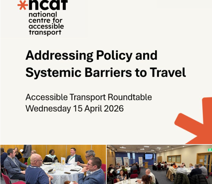 NI Event poster reading 'Addressing Policy and Systemic Barriers to Travel' Accessible Transport Roundtable Wednesday 15 April 2026. There are two images beneath the writing. The one on the left has six people sitting at a round table. The imag eon the right shows several tables in a meeting room with people seated and having discussions.