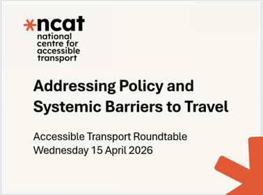 ncat slide with the title of the Northern Ireland Roundtable event: Addressing Policy and Systemic Barriers to Travel plus the date Wednesday 15th April 2026. ncat branding orange spoke in the bottom right corner.