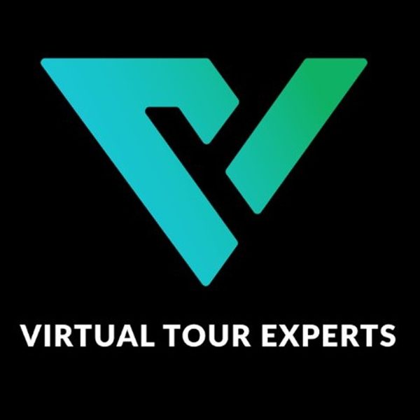 logo with black background with a V shape with a central cut out, above the word Virtual Tours Experts, in white