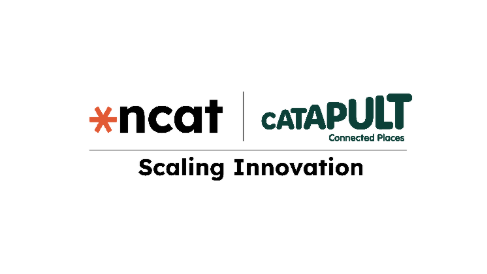 Scaling Innovation logo with text written beneath the ncat logo on the top left and the Catapult Connected Places logo on the top right