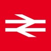 The logo for the Great British Rail Transition Team - red background with white image of two lines with zig zag cross through the centre of both