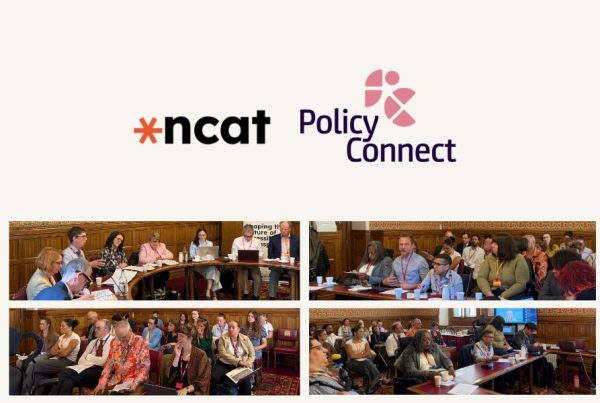 A collage of photographs from the Accessible Transport Policy Commission's Disabled People's Legal Right to Transport roundtable at the House of Lords. The images show a diverse group of adults participating in a policy discussion, seated around meeting tables and in audience seating within a historic committee room. Participants are listening, speaking, taking notes and engaging in discussion. The event branding from ncat and Policy Connect is displayed above the photographs.