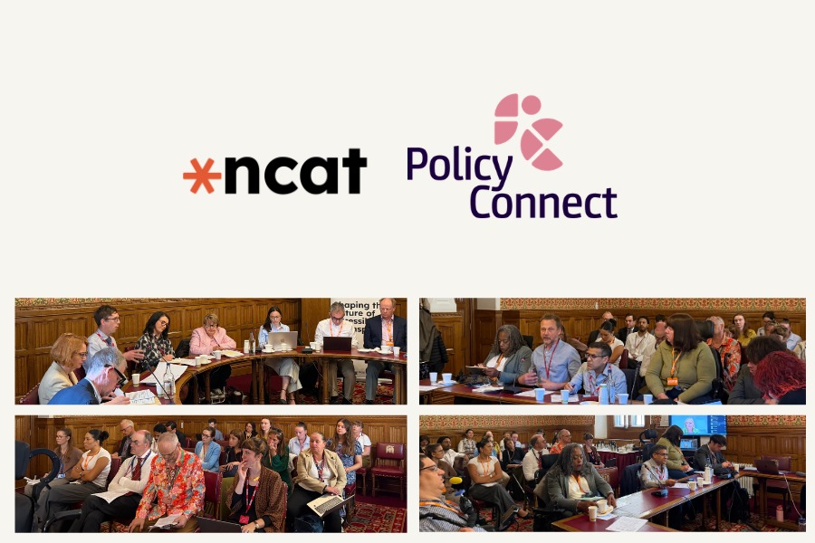 A collage of photographs from the Accessible Transport Policy Commission's Disabled People's Legal Right to Transport roundtable at the House of Lords. The images show a diverse group of adults participating in a policy discussion, seated around meeting tables and in audience seating within a historic committee room. Participants are listening, speaking, taking notes and engaging in discussion. The event branding from ncat and Policy Connect is displayed above the photographs.