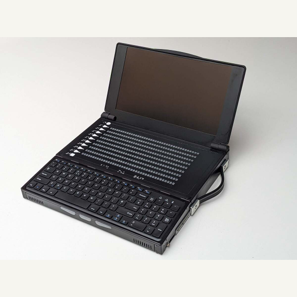 A photo of the Bristol Braille machine - a laptop size machine with QWERTY and Braille keyboard and screen
