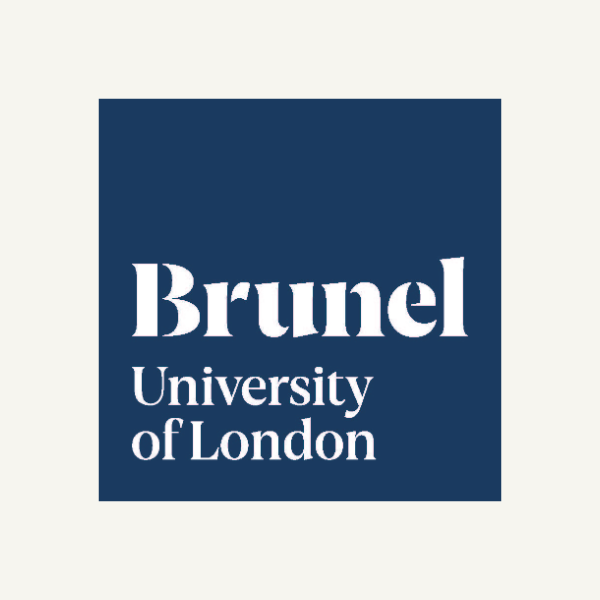 The logo of the Brunel University of London logo which is white text on a blue background