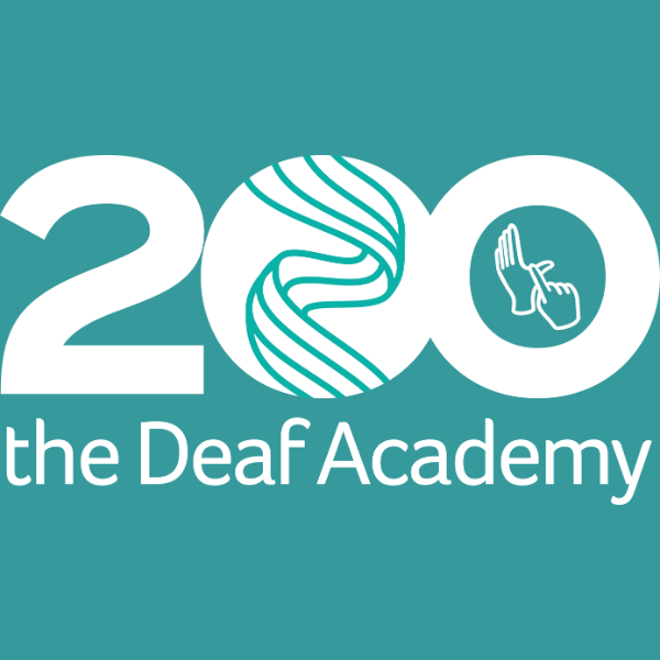 Logo for the 200 years of the Deaf Academy with white text on a green background with a sign language image inside a O of the number 200
