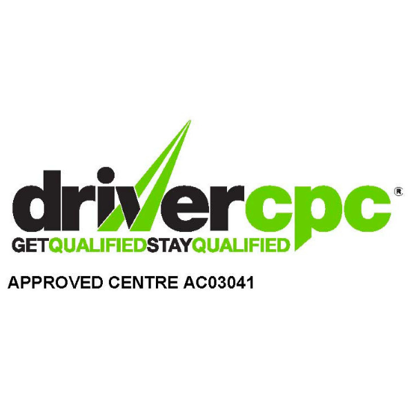 The logo of drivercpc with black and green text on a white background that says "driver cpc - get qualified, stay qualified" with the wording approved centre underneath followed by the centre number AC03041