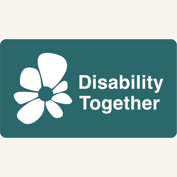 The logo of Disability together which is a teal background with white text of Disability Together, to the left of a white 7 petaled flower shape