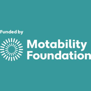 Logo in white text on a green background with the words Funded by Motability Foundation, with a graphic at the start of white lines in two circle shapes