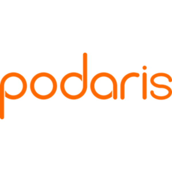 Podaris logo with the company name written in orange