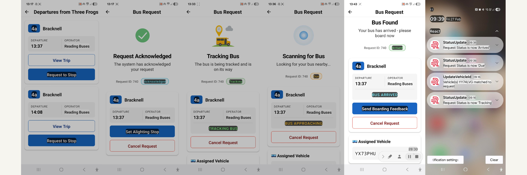 A series of screenshots from the REACT App showing how you track a bus journey
