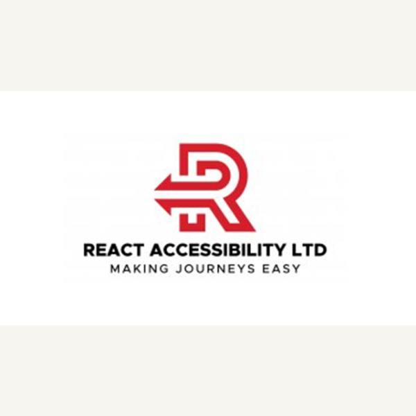 The logo of React Accessibility Ltd with a capital R in red above the black lettering - the bottom arc of the R turns into an arrow. Black text underneath of "Making journeys easy"
