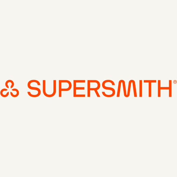 Supersmith logo with the company name written in red with a three wheel image in front of the word