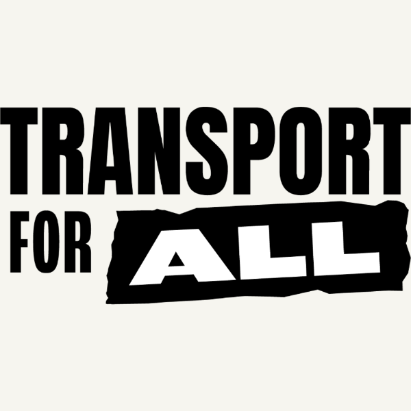 Transport for All logo with the charity's name written in upper case black on white, and 'All' is written in white text on a black jagged rectangular background.