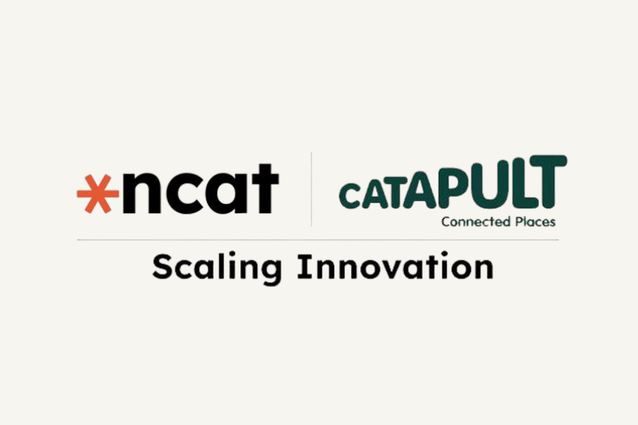 Scaling Innovation logo with text written beneath the ncat logo on the top left and the Catapult Connected Places logo on the top right