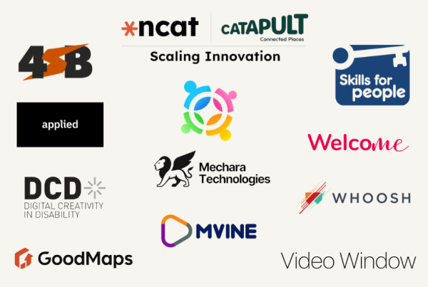 An image showing a collection of business logos, topped by the logo of the National Centre for Accessible TRansport and Connected Places Catapult, with the wording Scaling Innovation underneath