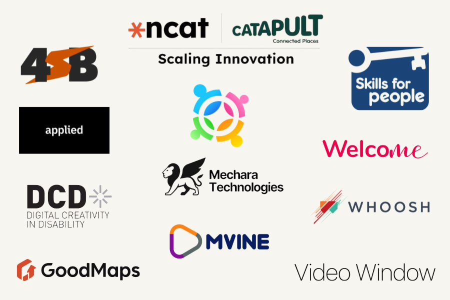 An image showing a collection of business logos, topped by the logo of the National Centre for Accessible TRansport and Connected Places Catapult, with the wording Scaling Innovation underneath