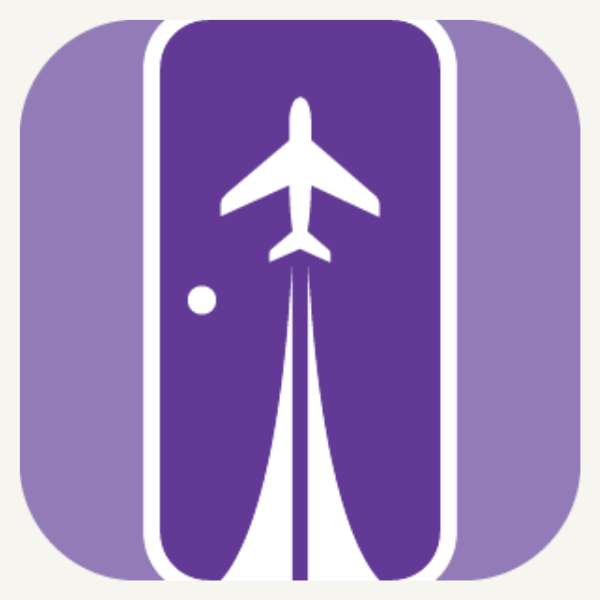 An image showing a plane taking off, over a purple background, with a white dot to the side